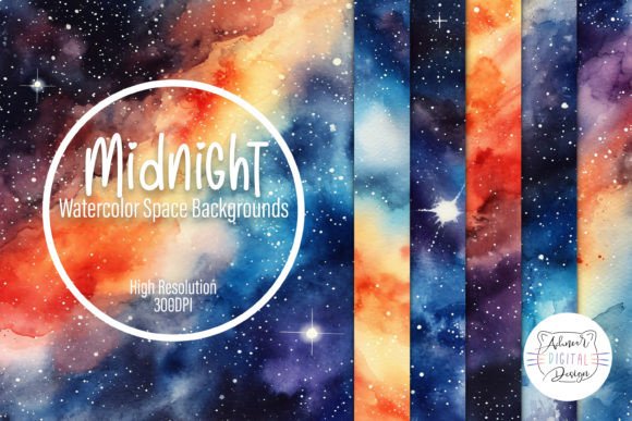 Midnight Watercolor Space Backgrounds: Deep Blue Cosmic Art