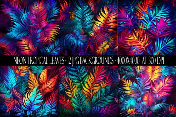 Neon Tropical Leaf Backgrounds: Vibrant Digital Design Assets